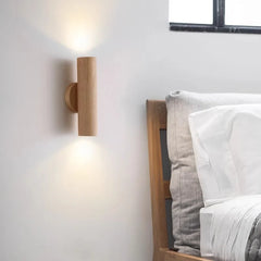 Cylinder Oak Wooden Color Glow top and bottom, Wabi-sabi Minimalist Style, Wall Sconce light for Living, Bedroom bedside, Study