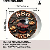 Vintage Inspired Round BBQ Area Metal Sign Grill Themed Outdoor Decor with Steak Tools Imagery Retro Bar Cafe Patio Accessory