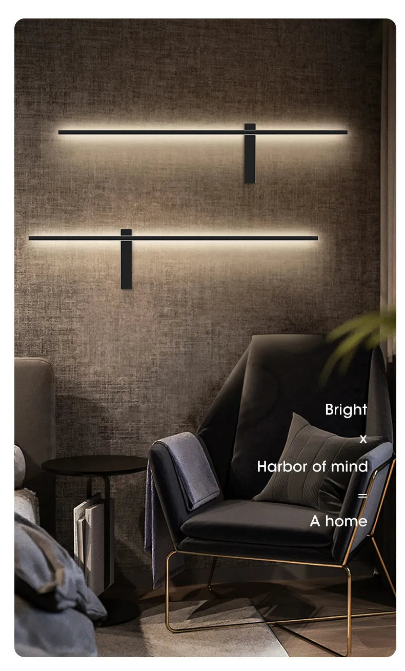 Black long strip wall lamp bedroom bedside lamp modern minimalist wall lamp living room TV background line wall light