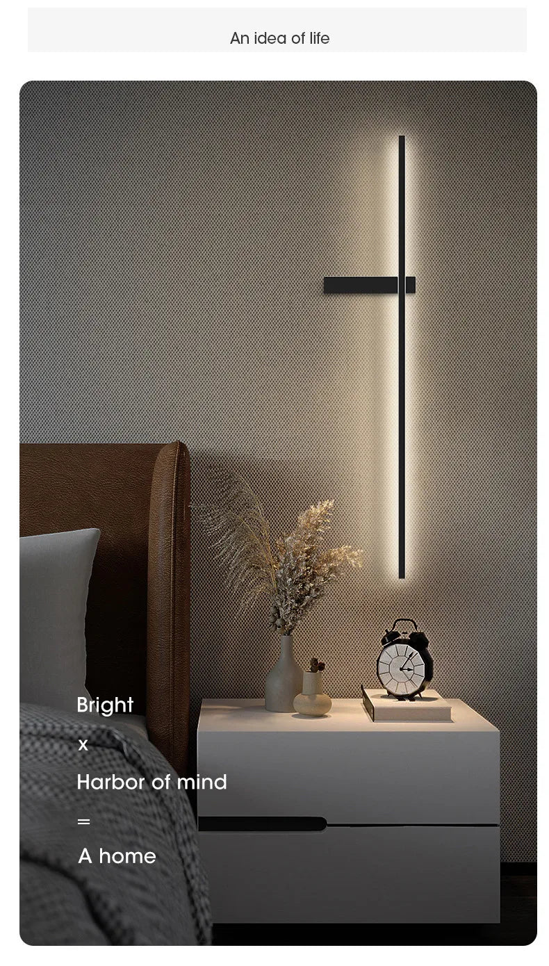 Black long strip wall lamp bedroom bedside lamp modern minimalist wall lamp living room TV background line wall light