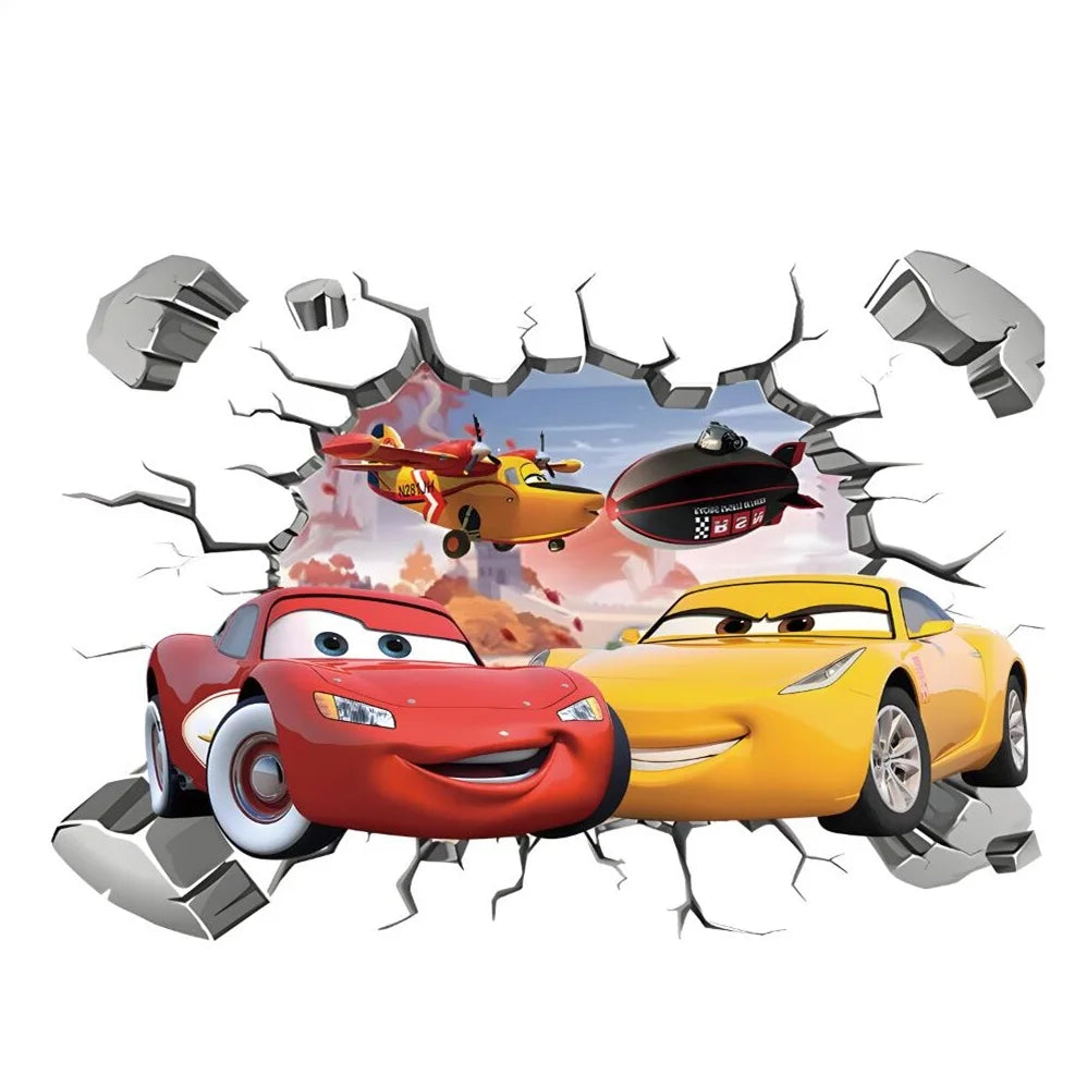 3D Brokenwall Lightning McQueen Cartoom Cars Wall Decor Decals For Boy Bedroom Kid Room Wallpaper Poster Mural Wall Stickers