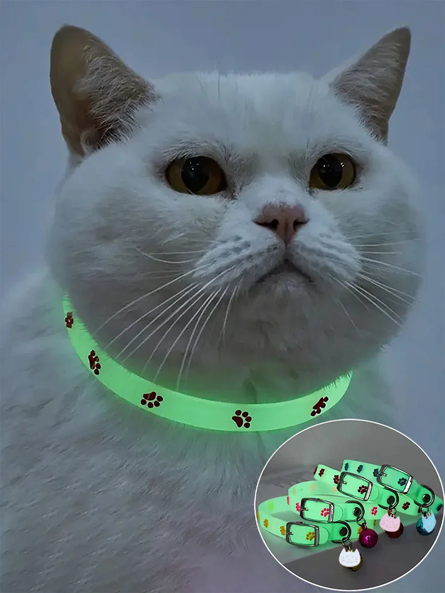 Cat Collar Glow in the Dark Footprint Cute Charms Adjustable Luminous Pet Collar for Kitten Chihuahua Night Walking Camping