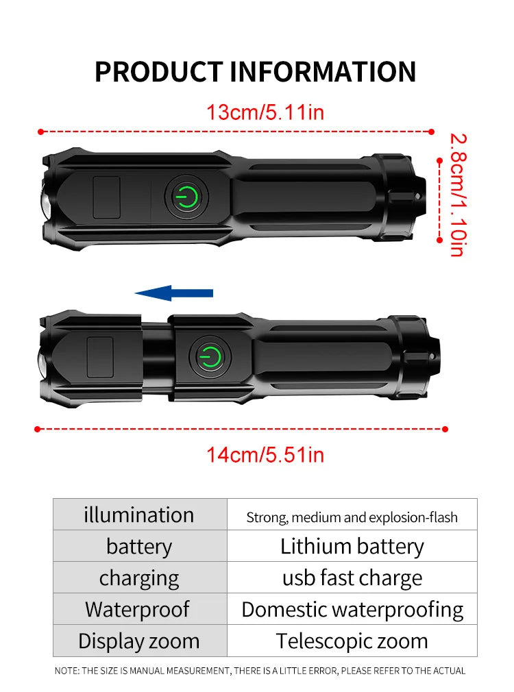 Portable LED Zoom Flashlight – Strong Beam, USB Rechargeable, Household Use