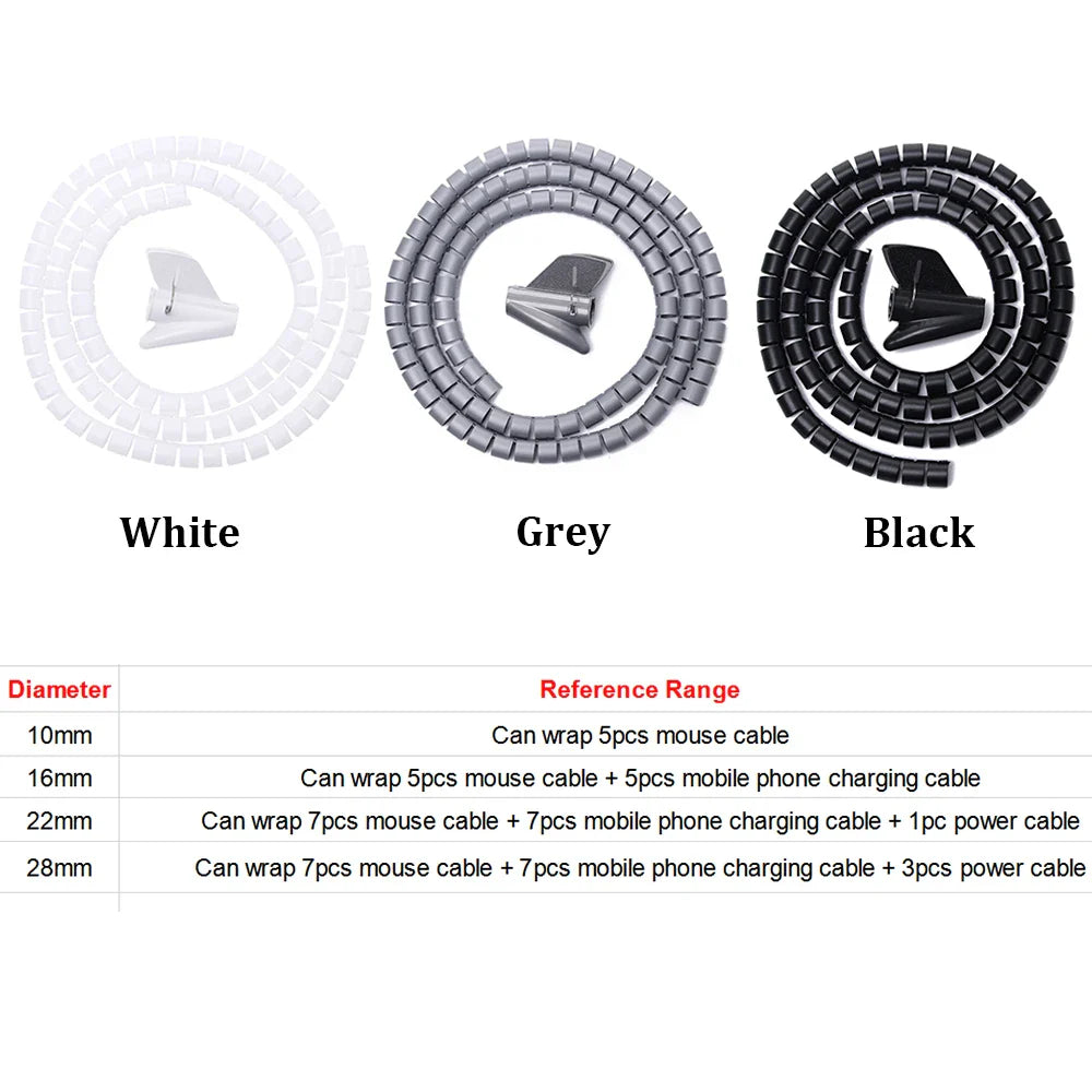 Desk Cable Organizer Spiral – Flexible 1.5/2m Tube, 10/16mm Cord Management