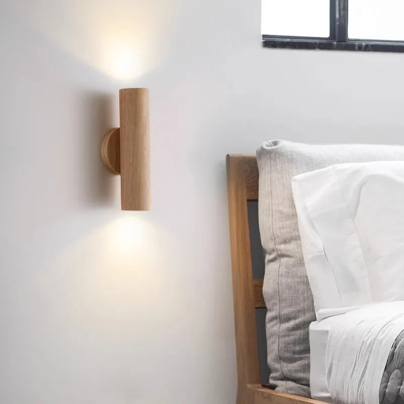 Cylinder Oak Wooden Color Glow top and bottom, Wabi-sabi Minimalist Style, Wall Sconce light for Living, Bedroom bedside, Study