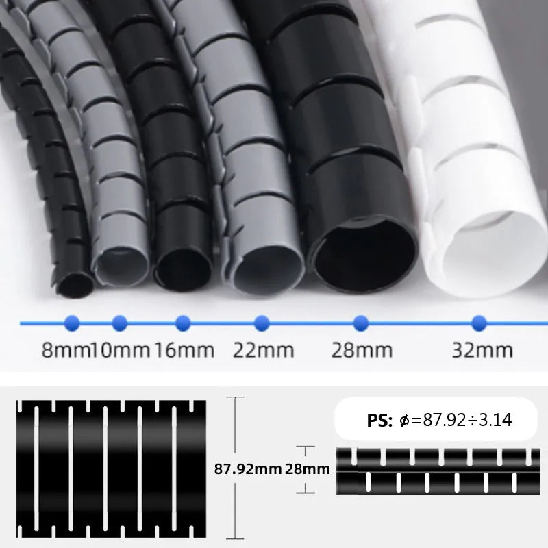 Desk Cable Organizer Spiral – Flexible 1.5/2m Tube, 10/16mm Cord Management