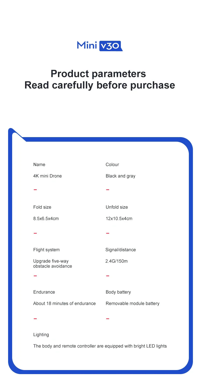 Mini Drone 4DRC V30 – 4K Dual Camera, WIFI FPV, Professional Obstacle Avoidance