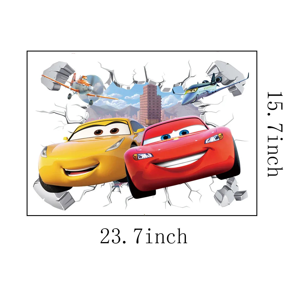 3D Brokenwall Lightning McQueen Cartoom Cars Wall Decor Decals For Boy Bedroom Kid Room Wallpaper Poster Mural Wall Stickers