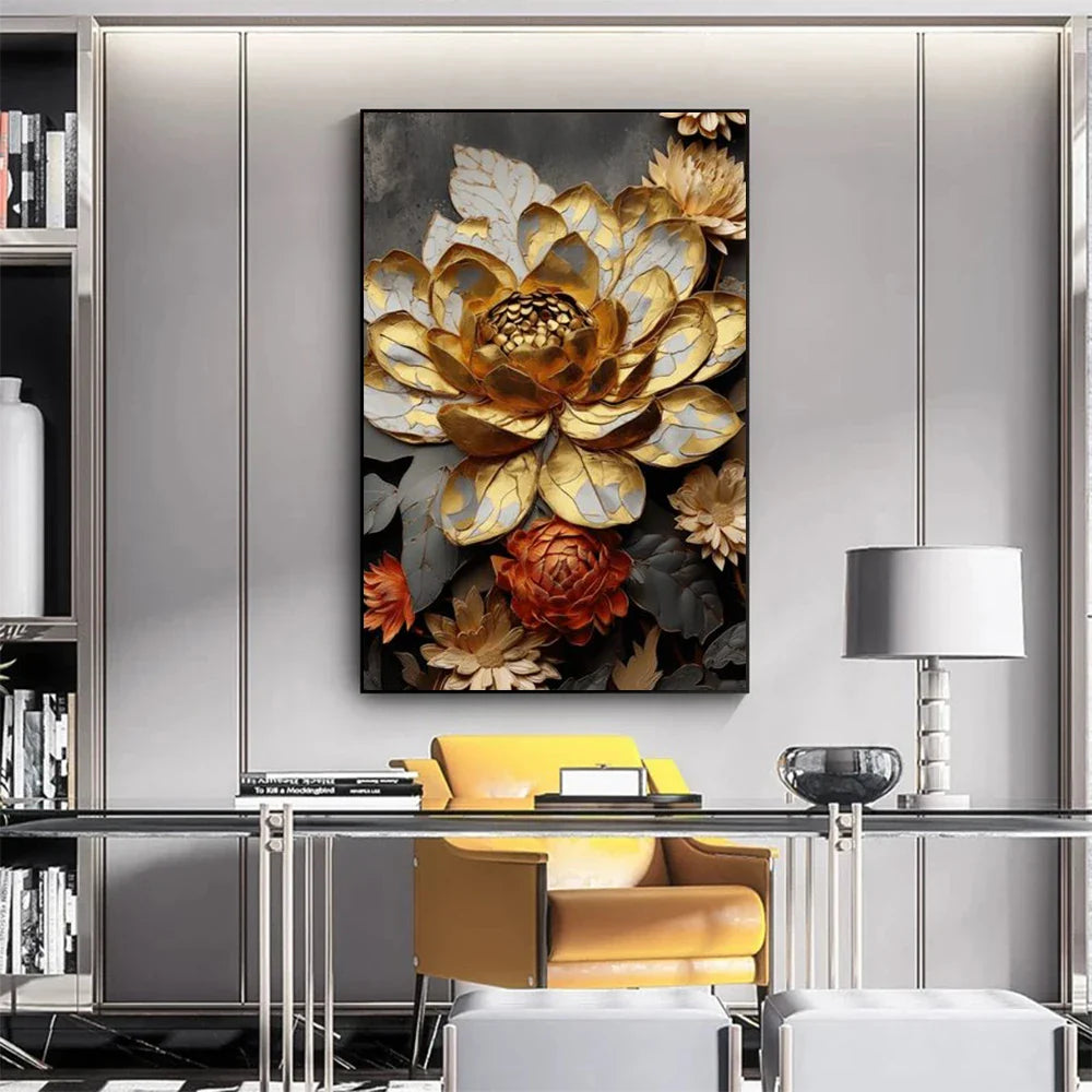 Luxury Golden Blossoms Chrysanthemum lotus Canvas Painting Wall Art for Living Room Nordic Home Decor Pictures Modern Decor