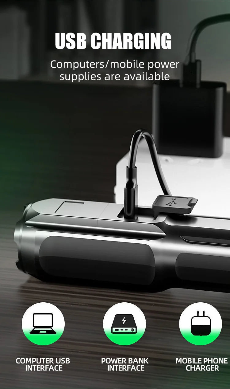 Portable LED Zoom Flashlight – Strong Beam, USB Rechargeable, Household Use