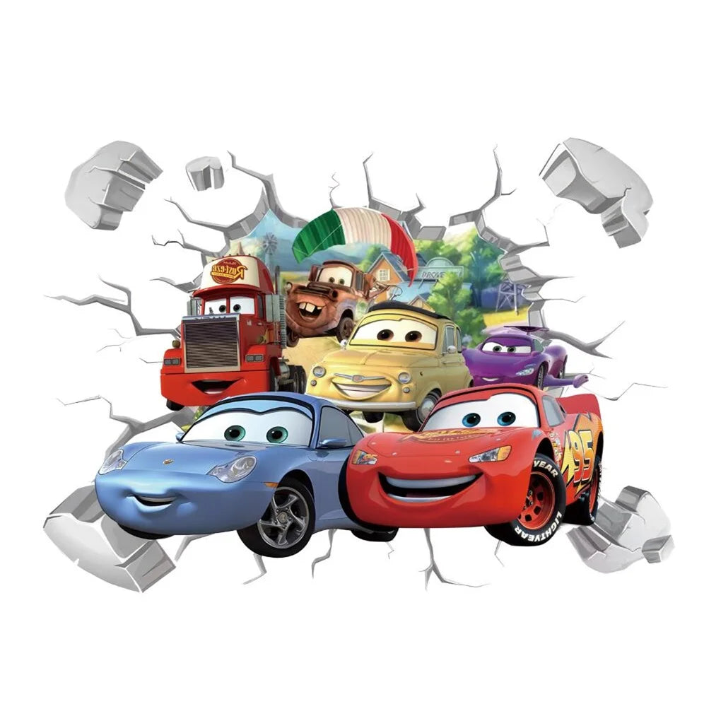 3D Brokenwall Lightning McQueen Cartoom Cars Wall Decor Decals For Boy Bedroom Kid Room Wallpaper Poster Mural Wall Stickers