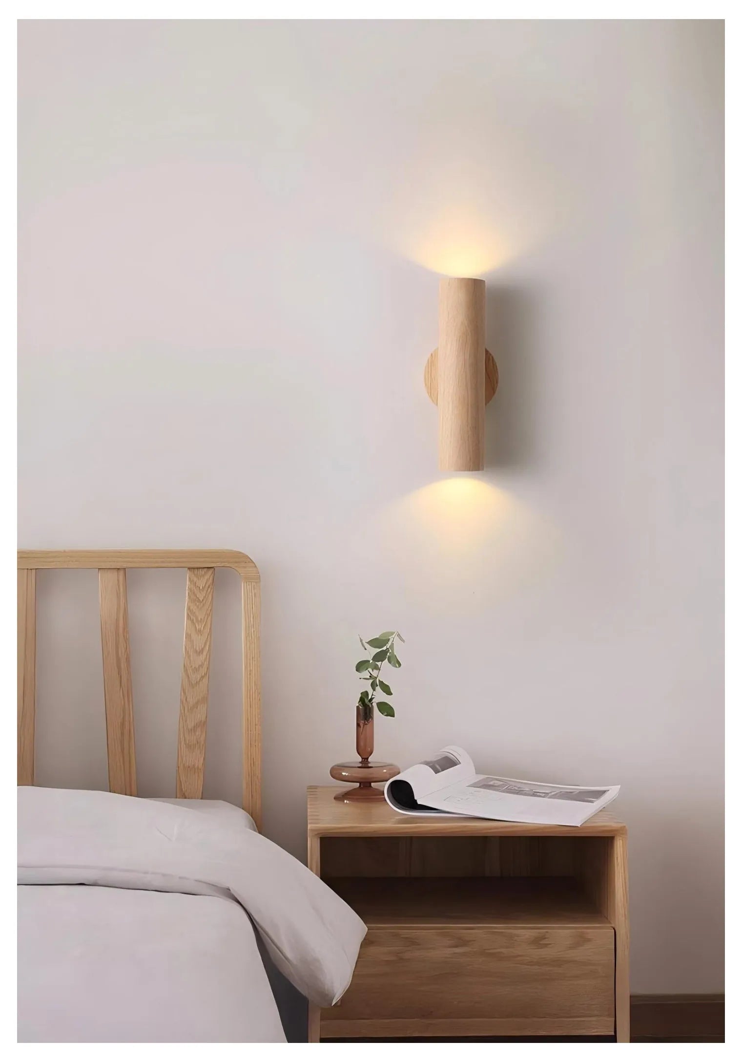 Cylinder Oak Wooden Color Glow top and bottom, Wabi-sabi Minimalist Style, Wall Sconce light for Living, Bedroom bedside, Study