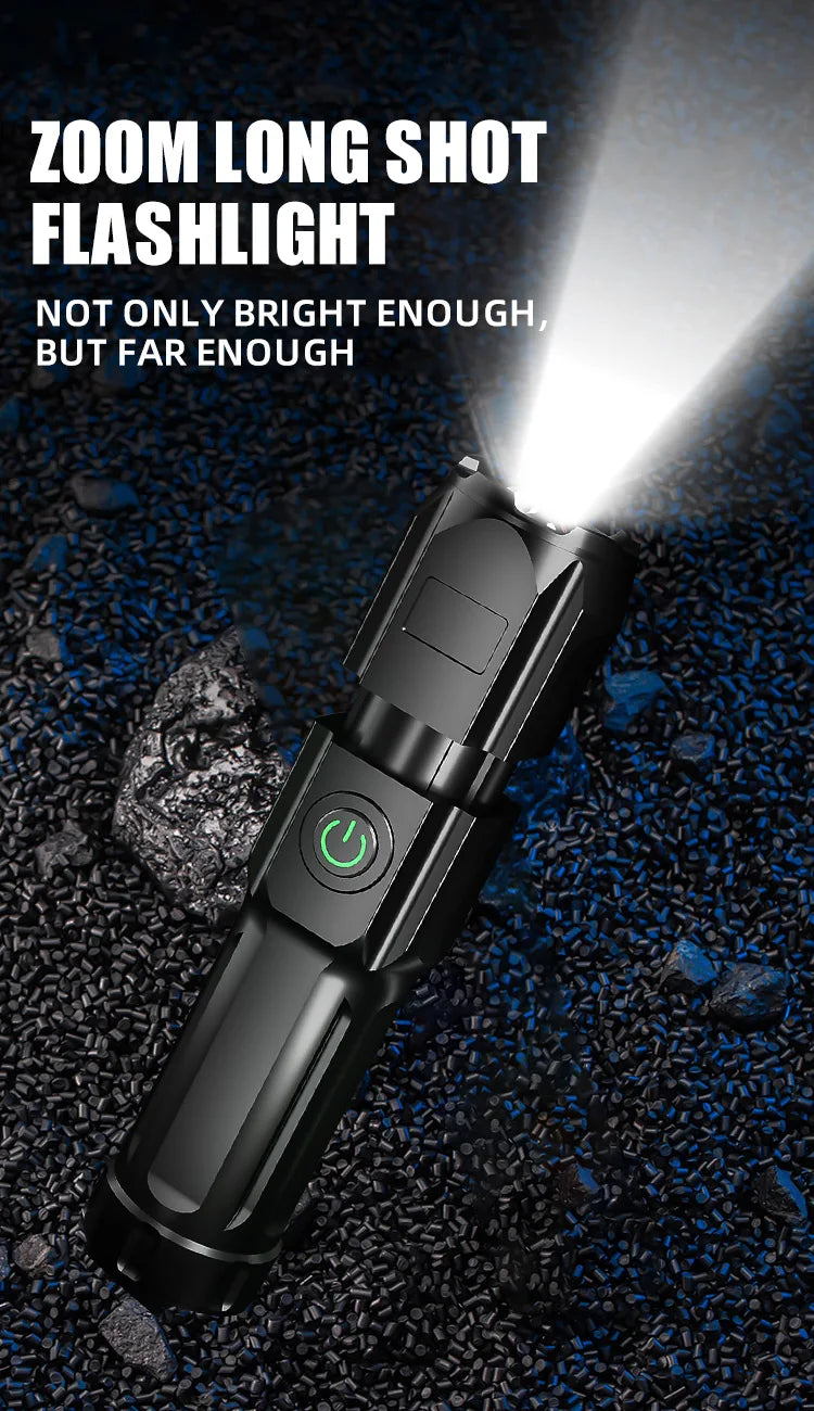 Portable LED Zoom Flashlight – Strong Beam, USB Rechargeable, Household Use