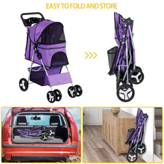 Pet Stroller for Dogs & Cats w/ 4 Wheels Pet Travel Carrier Dog Stroller Purple