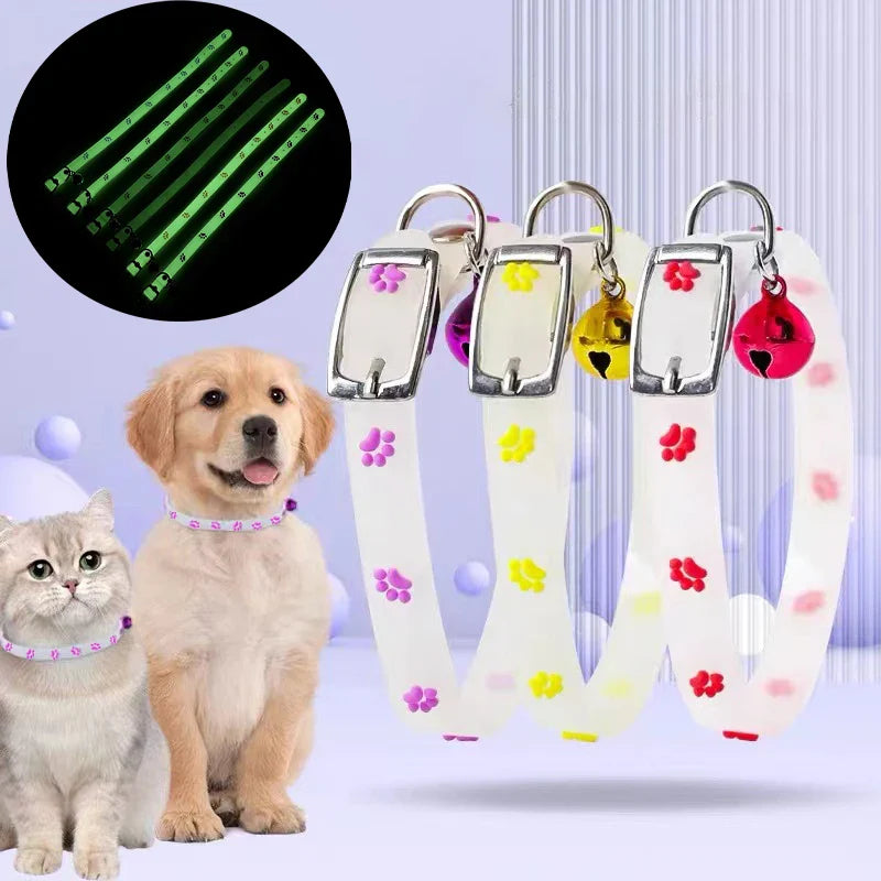 Cat Collar Glow in the Dark Footprint Cute Charms Adjustable Luminous Pet Collar for Kitten Chihuahua Night Walking Camping
