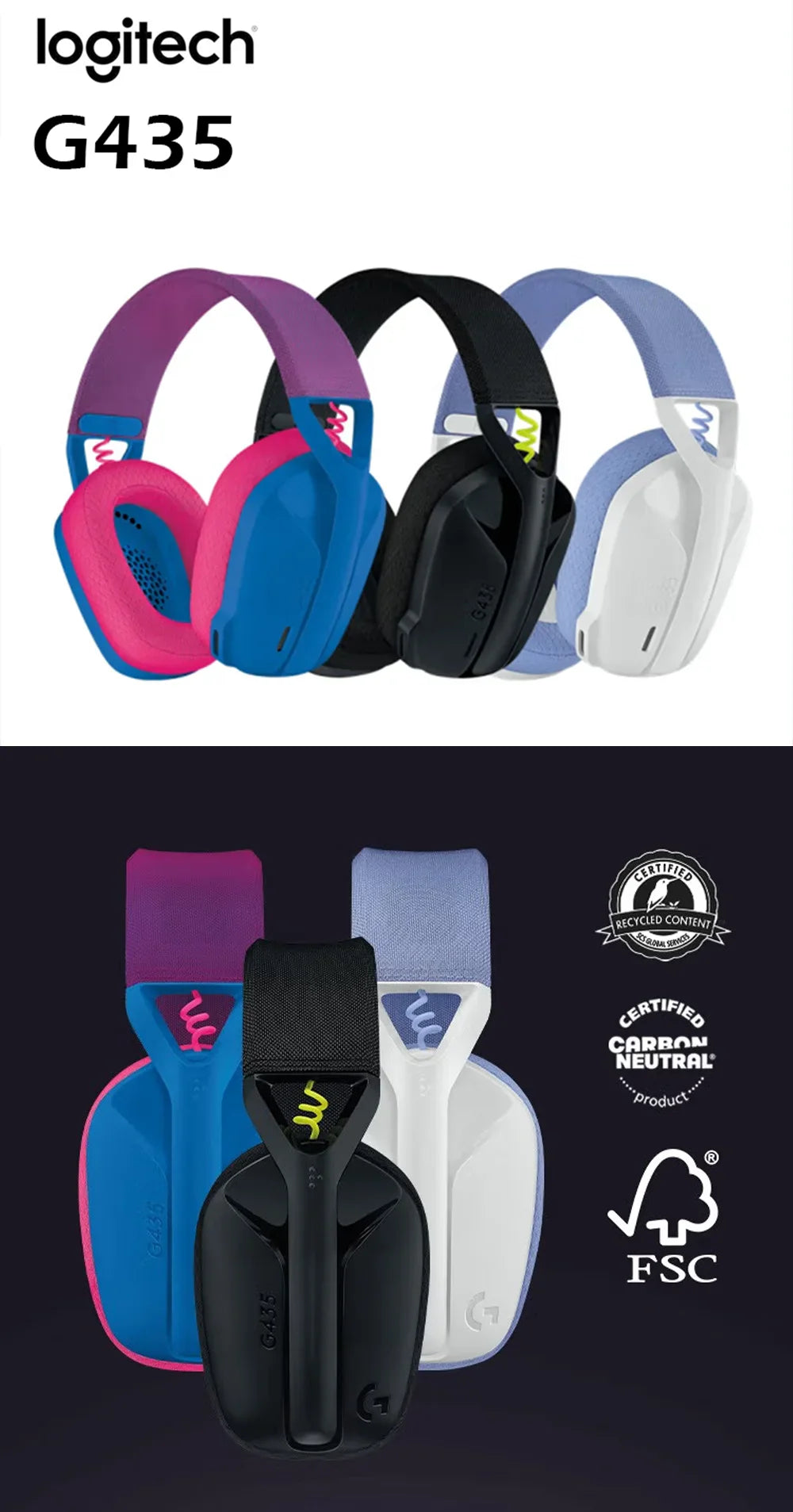 Logitech G435 Wireless Gaming Headset – Bluetooth, Surround Sound, Over-Ear