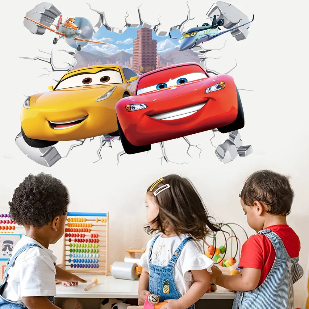 3D Brokenwall Lightning McQueen Cartoom Cars Wall Decor Decals For Boy Bedroom Kid Room Wallpaper Poster Mural Wall Stickers