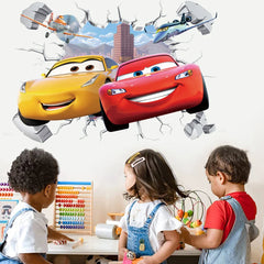 3D Brokenwall Lightning McQueen Cartoom Cars Wall Decor Decals For Boy Bedroom Kid Room Wallpaper Poster Mural Wall Stickers