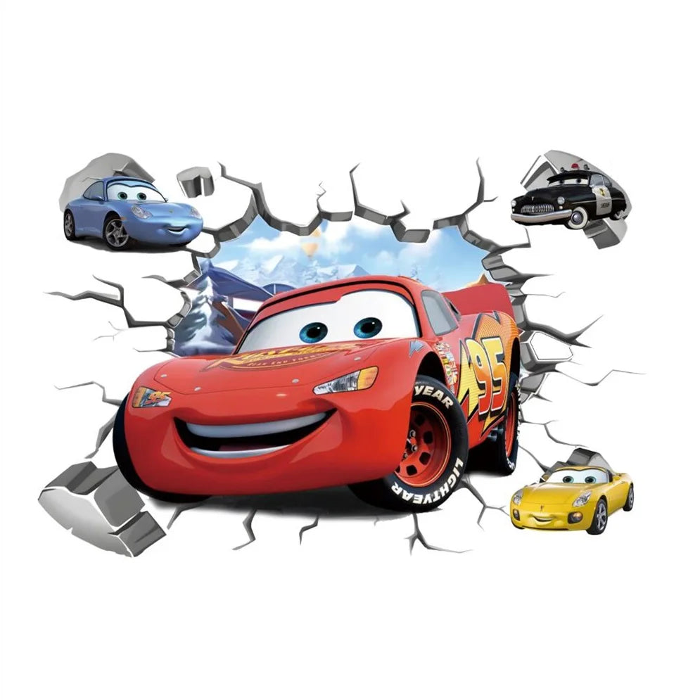 3D Brokenwall Lightning McQueen Cartoom Cars Wall Decor Decals For Boy Bedroom Kid Room Wallpaper Poster Mural Wall Stickers