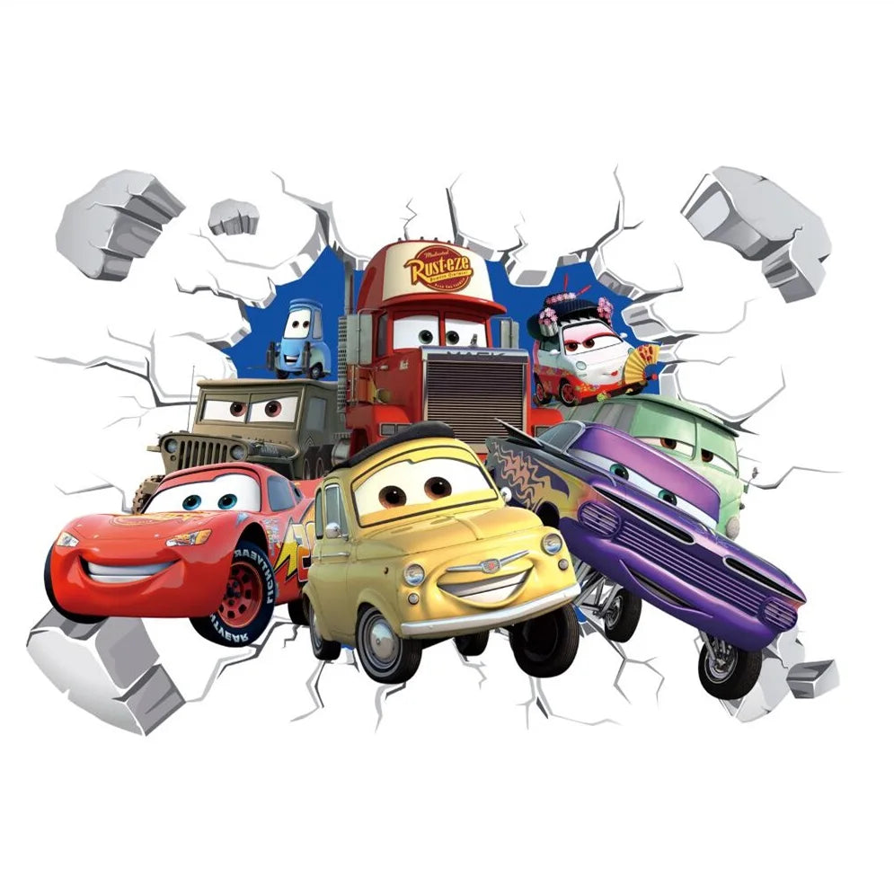 3D Brokenwall Lightning McQueen Cartoom Cars Wall Decor Decals For Boy Bedroom Kid Room Wallpaper Poster Mural Wall Stickers