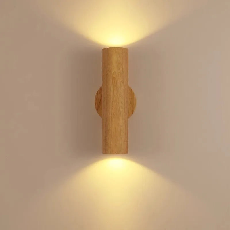 Cylinder Oak Wooden Color Glow top and bottom, Wabi-sabi Minimalist Style, Wall Sconce light for Living, Bedroom bedside, Study