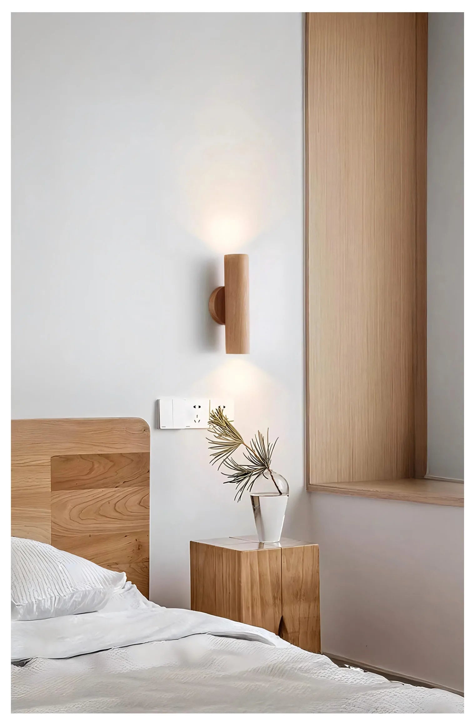 Cylinder Oak Wooden Color Glow top and bottom, Wabi-sabi Minimalist Style, Wall Sconce light for Living, Bedroom bedside, Study