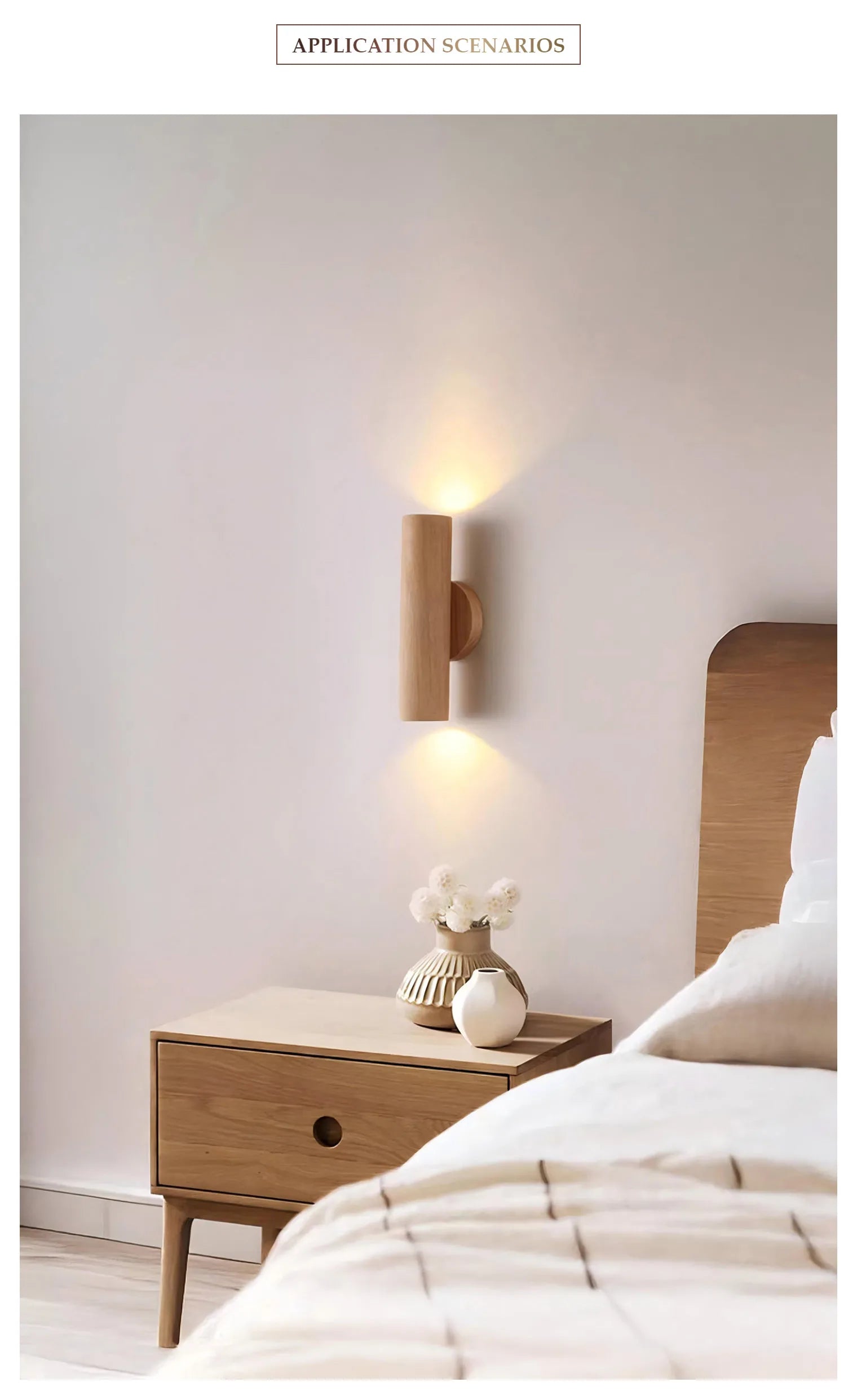Cylinder Oak Wooden Color Glow top and bottom, Wabi-sabi Minimalist Style, Wall Sconce light for Living, Bedroom bedside, Study