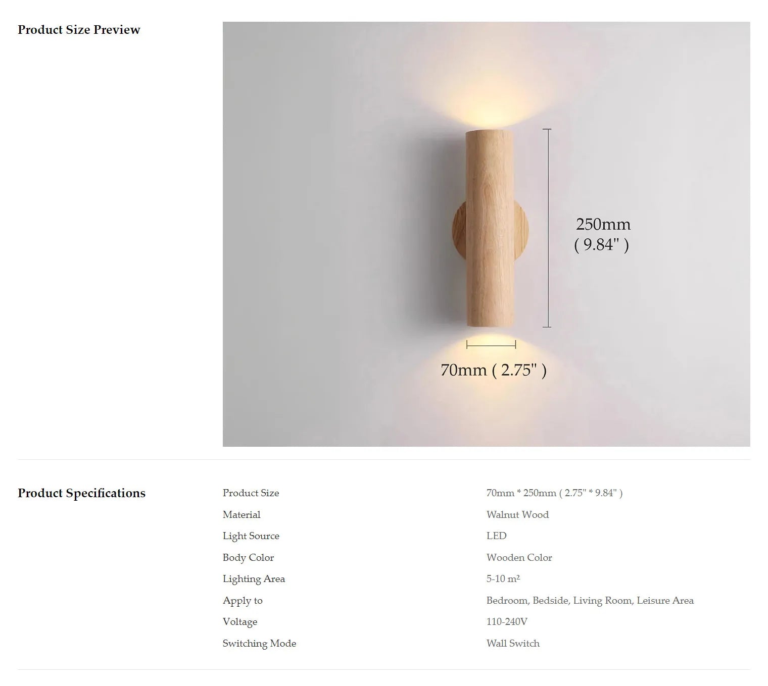 Cylinder Oak Wooden Color Glow top and bottom, Wabi-sabi Minimalist Style, Wall Sconce light for Living, Bedroom bedside, Study