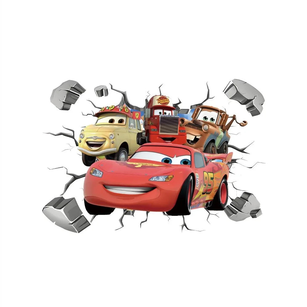 3D Brokenwall Lightning McQueen Cartoom Cars Wall Decor Decals For Boy Bedroom Kid Room Wallpaper Poster Mural Wall Stickers